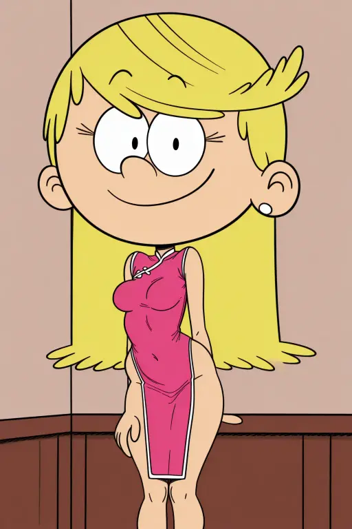 (masterpiece:1.4), (best quality:1.4), (high resolution:1.4), cartoon style, 2D illustration, solo, 1 girl, loriloud, highres, blonde hair, black eyes,  neck,  shoulders, white-skinned female, little black dress, black strapless dress, small choker, smile, black high heels, , detailed, soft lighting, in bedroom, standing up, hand on a hip, full body.