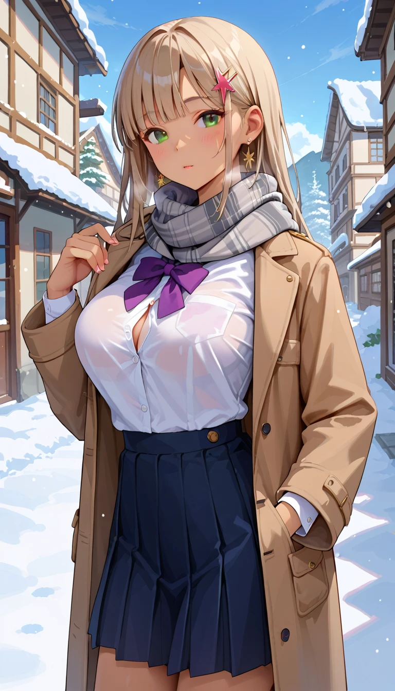 ((((perfect , super detailed skin)))), 1 girl, japanese, high school girl, shiny skin, large breasts:0.5, looking away, looking up, watching the view, from below, 
beautiful hair, beautiful face, beautiful detailed eyes, (long hair:1.7, side ponytaail:1.5), blond hair, blue eyes, 
beautiful clavicle, beautiful body, beautiful chest, beautiful thigh, beautiful legs, babyface, mole under eye, 
(((beige coat, open the coat myself), ((long sleeves)), all navy sailor suit, navy pleated skirt, navy sailor collar, red sailor scarf, thigh-highs, short boots), school bag, cross necklace),  thighs, , 
((smile:1.5, open your mouth wide)), , female , lifting skirt myself, 
(beautiful scenery),winter, midnight, hokkaido, sapporo, odori park, park bench, sitting, christmas, (christmas tree), illumination, tv tower, snow, snowfall:1.5, freezing weather, frost, 
(8k, top-quality, masterpiece​:1.2, extremely detailed), (photorealistic), beautiful illustration, cinematic lighting,