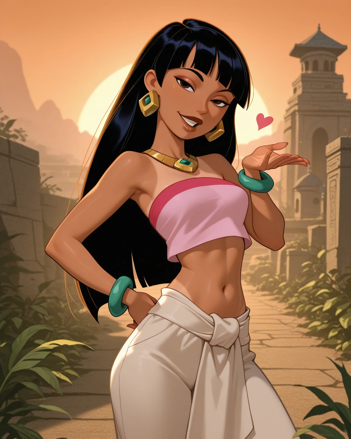 masterpiece, best quality,
1girl, chel, black hair, long hair, blunt bangs, ((Belly Stuffed)), ((Huge Belly)), ((Very Drunk)), ((Staggers)), (Tight Clothes), brown eyes, dark skin, lipstick, tube top, , bare shoulders, earrings,
smile,arms behind back, upper body, solo, looking at viewer, trees, jungle background