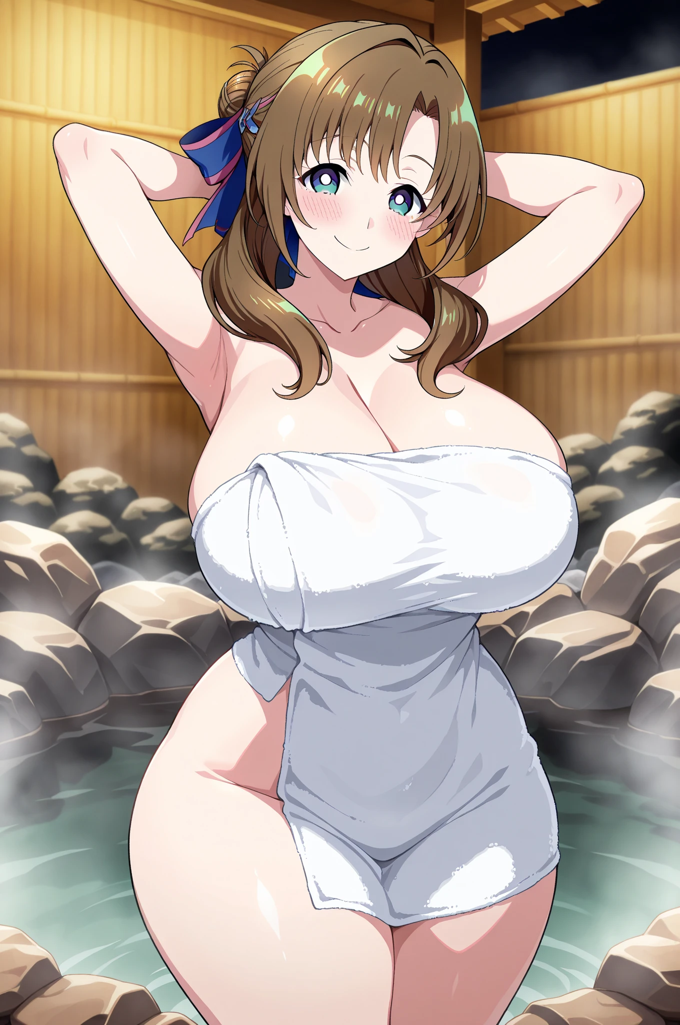 Ran Yakumo, Kitsune, Touhou Project, blond hair, nine fox tails, shoulder length hair, wet from shower, extremely detailed CG, busty woman, large , thin waist,  expression, , beach at night background,