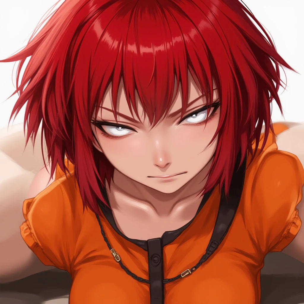 The image is anime style with shadows and dim lights, anime style although somewhat adult and dark, It shows a young woman who is apparently 20 years old., redhead who has her hair in a single large braid, It has only a single small black horn on the right side of its forehead., He has black eye sclera and yellow pupils.. His entire body is tattooed with strange symbols.. She is wearing nothing but a small dark red skirt and a small worn dark red polo shirt.. The background of the image is a green wall. His feet are . He looks psychopathic. he would be. evil. you can see his feet.