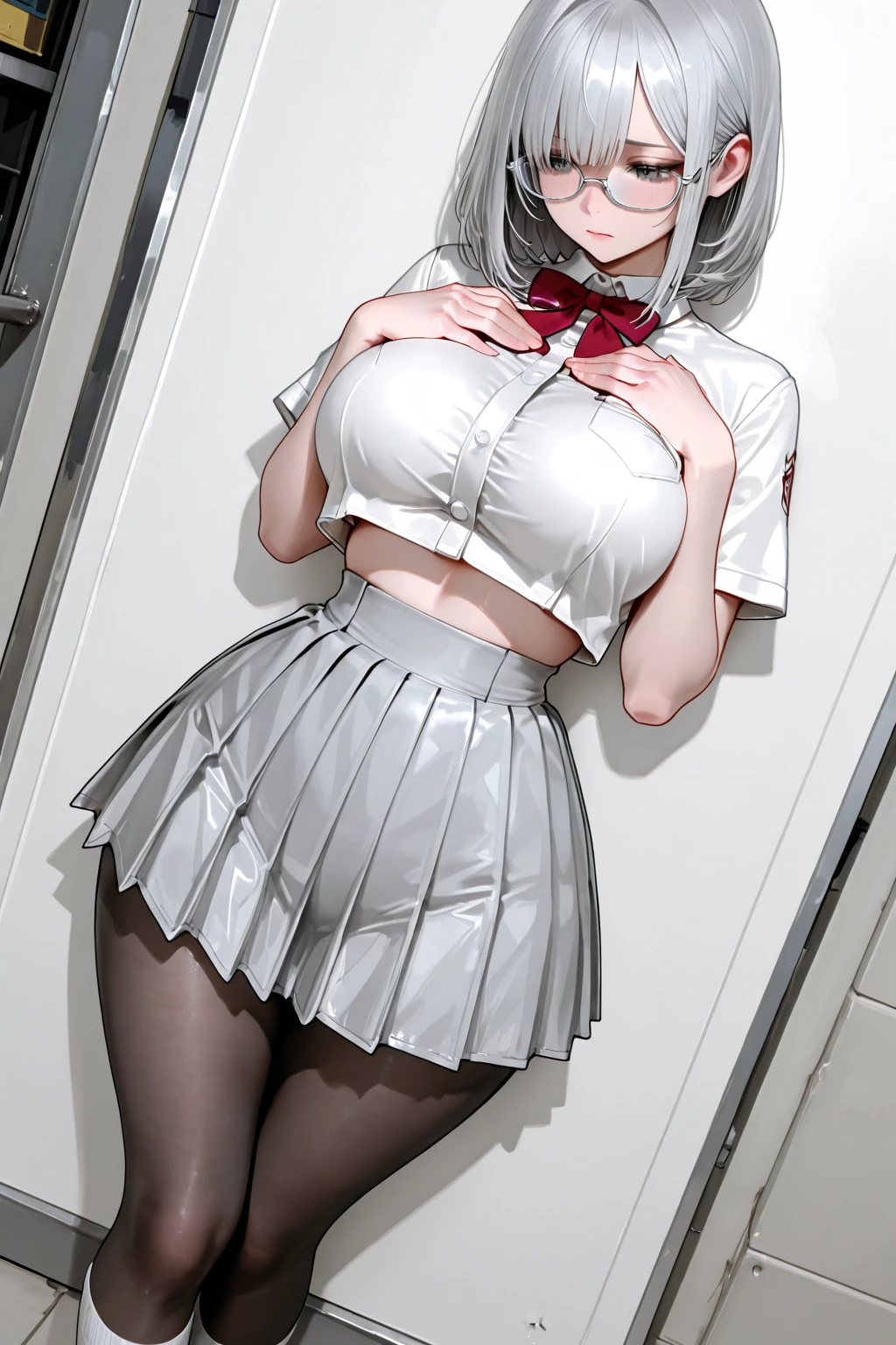 1 girl in, purple color  hair、Purplish pink eyes that dreamers desire, (Blonde hair) , small stature, Colossal tits, Lori, (masutepiece:1.2, Best Quality), (finely detailed beautiful eye: 1.2), (beautifull detailed face), (Best Illumination, extremely delicate and beautiful), ((Cinematic Light)), Dramatic light, (Pale white background:1.5), Short bob hair（1:3）、Ultra Contrast、Braid a little around the ears, White long dress、only has 5 fingers、Her  is visible through the white 、Wet pants、You can see inside your 、full of sweat、mocking look、、nffsw,Arms crossed、grab the arm、Shoot from below,Best Quality、Large breasts、muscular 、Pubic hair,high-level image quality、hightquality、8K,perfect hand、5 fingers、finger pin、Perfect Finger、T back、、noise cut、bullet hand、Her hair color should have been a brighter purple.The skirt part is also carefully expressed..、Purple skirt、the skirt is floating in the wind、Dark purple 、Pubic hair majority,(with sparkling eyes and a contagious smile),open mouth,from below:1.2, highest quality, high resolution,Real World, Natural light,perfect Natural light, Looking at Viewer,
