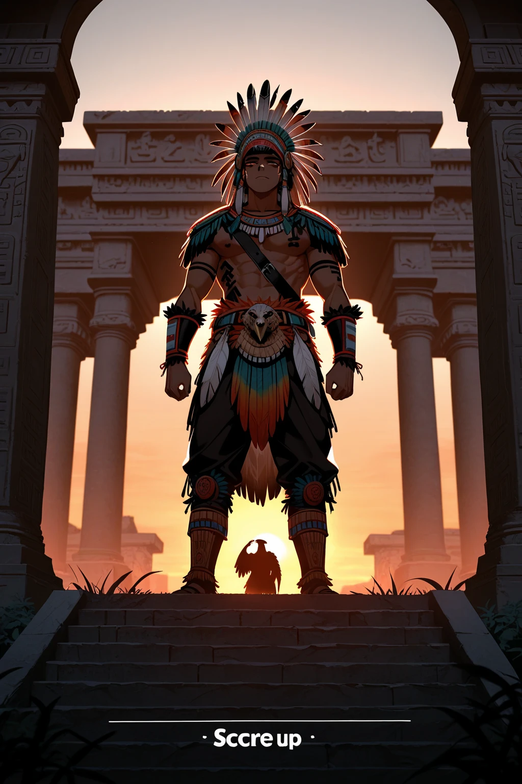 (((indigenous man))) best quality, very high resolution, detailed CG in 4K, masterpiece, Anhanga, white hair, amazon brazil, rivers, indigenous people, indigenous tribes, indigenous city, forest, aesthetics, beautiful image, centered on screen, full body