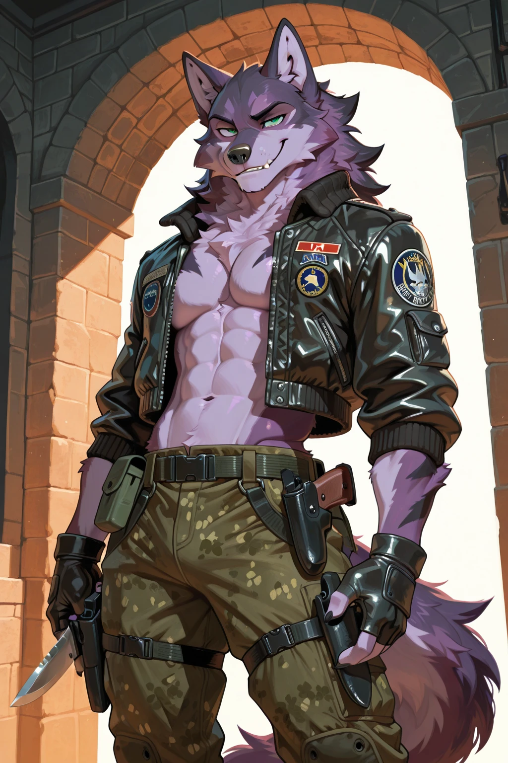 Male, solo, anthro, ((Blaidd)), detailed hands, well drawn hands, teeth, white teeth, , daddy, father figure, mature male, furred body, pecs, ((blushing)), ((annoyed)), ((leather armor)), ((canine )), ((knot)), ((thick )), ((big )), ((very detailed )), ((very detailed )), very detailed lighting, ((very detailed fur texture)), very detailed, very high quality, very high resolution, by Juiceps