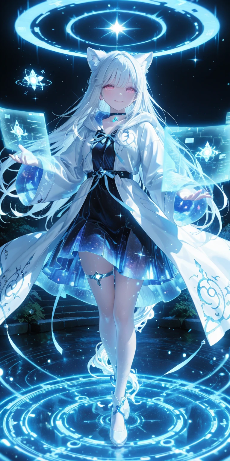 Anime illustration style, light blue hair, long hair, large eyes, small mouth, cute face, purple eyes, cute girl aged 16, very large bust, profession magician, clothing navy blue hooded robe, no hood, background dark corridor, using wind magic, full body image