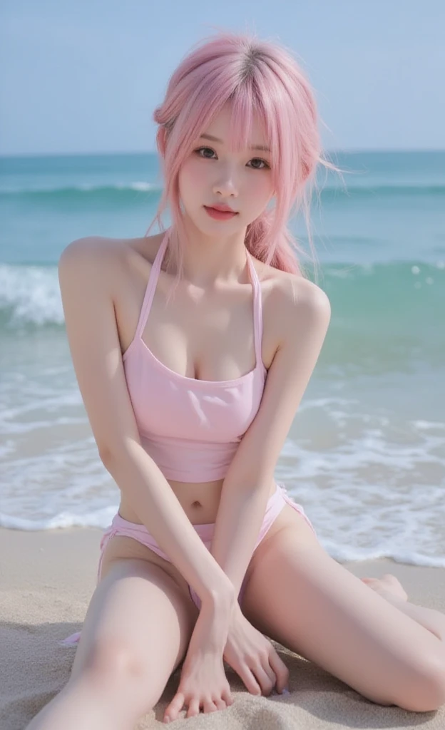(masterpiece, best quality:1.4), (8K realistic picture:1.4, extremely intricate:1.4), ((beautiful flat chest:1.4)), (((day hot spring outdoor))), 1gril, solo, (twitter:1.4), (small haed:1.1), (medium-length light pink hair:1.1), (:1.4), (realistic and detailed ), (Contact lens on the eye:1.1), (slender:1.4), (sitting:1.4), (young teenager:1.4), wet,, drooling, ((touching her crotch, massaging her crotch)) ((big bulge)) ((big