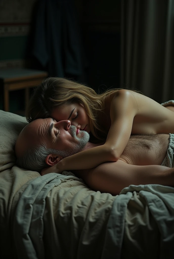 , , , , (A young man with long hair in a messy bun and a lanky skinny build lies in bed with a woman with small sagging breasts who is five years his senior. (french kiss, tongue, saliva) They are both , with the man positioned behind the woman in a spooning position. The man's hand is fondling the woman's breast, while his other hand is between her legs,  his  deeply into her  . The woman's head is thrown back in  as the man kisses and nibbles on her neck. Her hairy  is open to him. The room is dimly lit, with candles casting a warm glow over the couple's entwined bodies. The  are the centre of the image. hairy , hairy bush, full bush, thick bush!, excessive pubic hair) ((hairy , hairy bush, thick bush!, full bush, deep ,   ))
