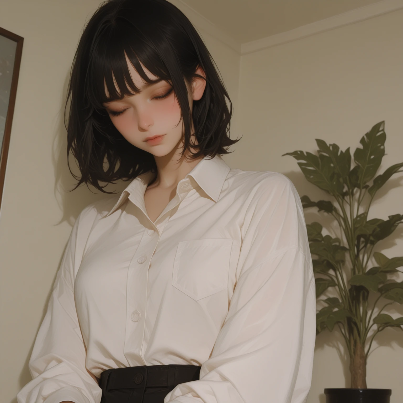 (Highest quality, 8K, masterpiece ), A 12-year-old junior high school student with a young face、 The eyes are large and clear、Black Hair、Wearing a beige mask:1.3、White Button Down Shirt、Glamour thighs:1.2、, Highly detailed face, double eyelid, Strong natural light、whole body、 thighs:1.2、Side angle,Diagonal horizontal angle:1.2、Black 、On the bed、Wearing glasses with thin frames