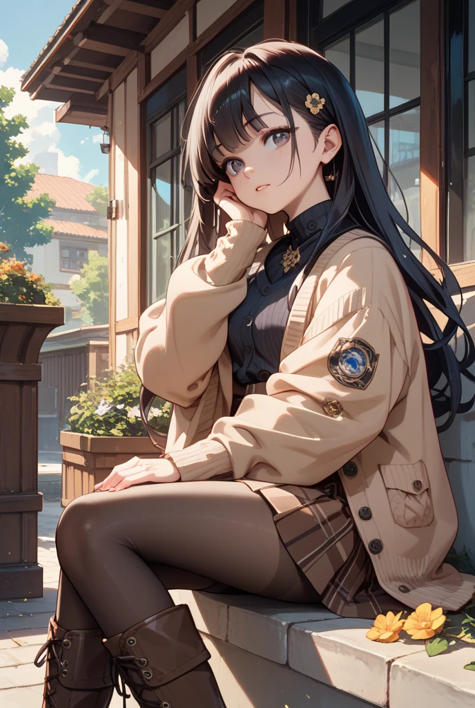 ((masterpiece)), (best quality), cute little girl, (Stacked trunk cases), place hands on knee, Dirty warehouse, 1girl, solo, looking at viewer, messy long hair, white socks, black hair, sitting, blush