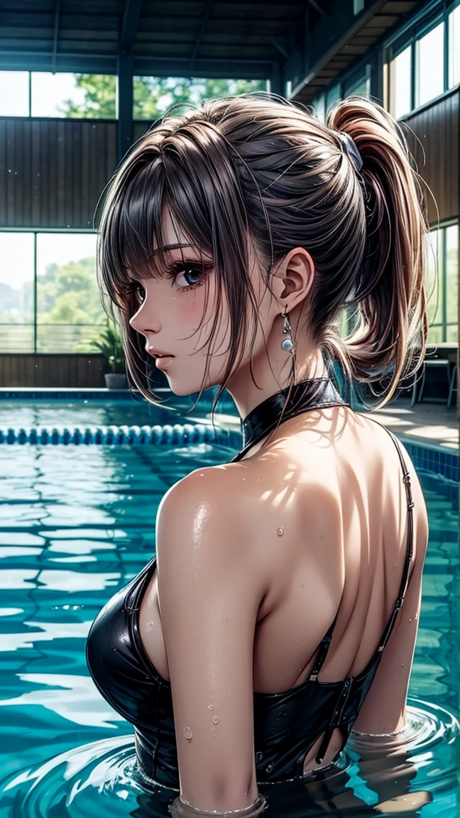 (masterpiece, Highest quality, Super detailed:1.3), Perfect composition, 4K, (Very detailed, Super detailed), A simple blue swimsuit、High resolution, 8k Texture, Attention to detail, Very detailed肌の質感, Magnificent details, High Sharpness, One girl, (Fine grain:1.3), Many layers of eyes、(25-year-old woman:1.3), (skinny), (Super ???????????),  Outdoor swimming pool side,((Lively composition))、smile、A pleasant looking face、Toned body、Shot from the back、turn around、?????? swelling、Wet Skin、Stretching exercise with both arms extended、Beautiful feet、