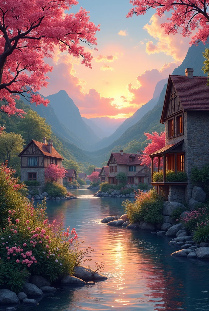 a small village by the river，Background is mountains，Flowers bloom，Brightly colored，Detailed Scenery，Beautiful Natural Scenery，Ambiance Lighting，Burning Sunsets，warm colors，utility，utility摄影，Detailed Leaves，Intricate architecture，cobblestone streets，charming country house，Swirling bright colors，dense vegetation，Intricate architecture，picturesque，Relaxed and Quiet，artwork of a，Best quality，8k，Extremely detailed，Anime Style