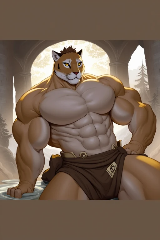 nj5furry, (muscular, bodybuilder, 170 kg, albino Cougar, huge, red eyes), albino Cougar, ((extremely realistic shadows, masterpiece, extremely detailed, photorealistic)), kemono, albino fur, albino skin, red eyes, large delicate eyes, wide eyes ((detailed eyes)), wearing a tiny  revealing huge muscular thighs, bulge in the crotch, (( )), forest mountain. Height 185 cm, the optimal height, tight clothing, body full of muscles; ripped abs, V-shaped body, thick waist, long legs, strong arms manly, handsome face, attractive cool calm face type with a cold smile, bodybuilding posture, carefree expression, smile, mischievous smile, sexy, detailed face, .