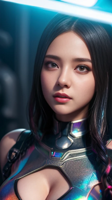 A woman with wavy black hair and purple eyes, Black alien armor, freckles, blush, eye shadow, Cute face
