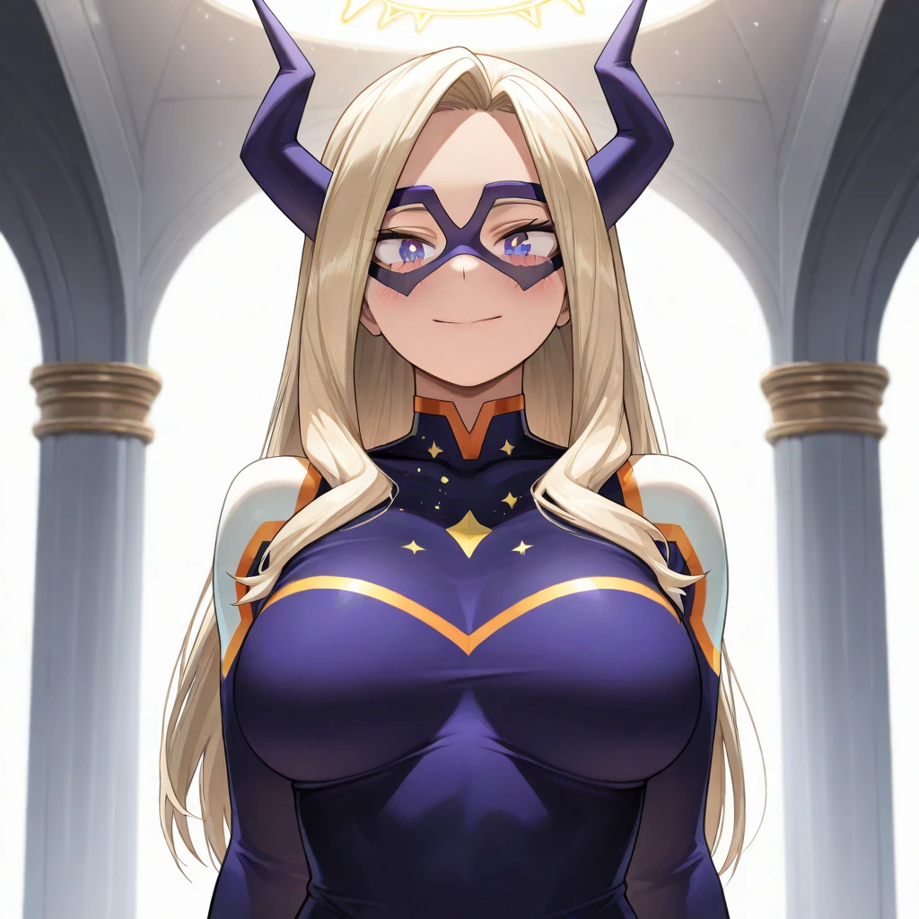 scan, (extremely detailed CG unity 8k wallpaper:1.1), (traditional media:0.9), (sketch:0.9), tracing, ultra-detailed, soft lighting, anime, (1girl), mtladymha, boku no hero academia, long hair, blonde hair, horns, domino mask, , large breasts, purple eyes