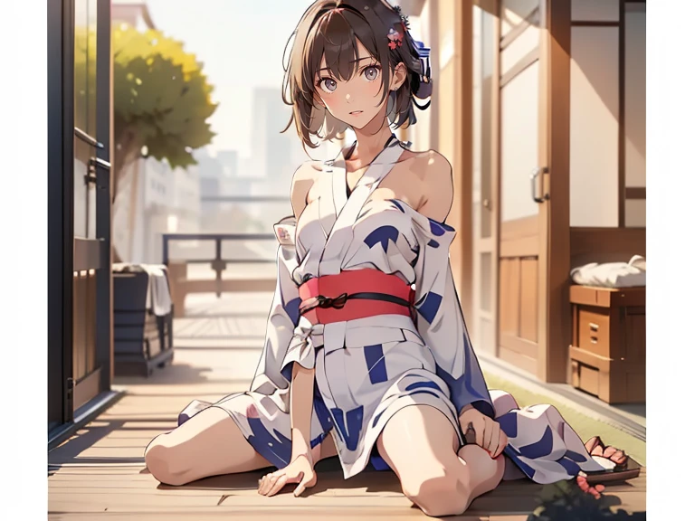 Beautiful girl wearing a short yukata with a white and red hem is squatting and touching her hair with one hand, looking at the camera, ((((background blur))), sandals with nose cords,  feet, cotton ,