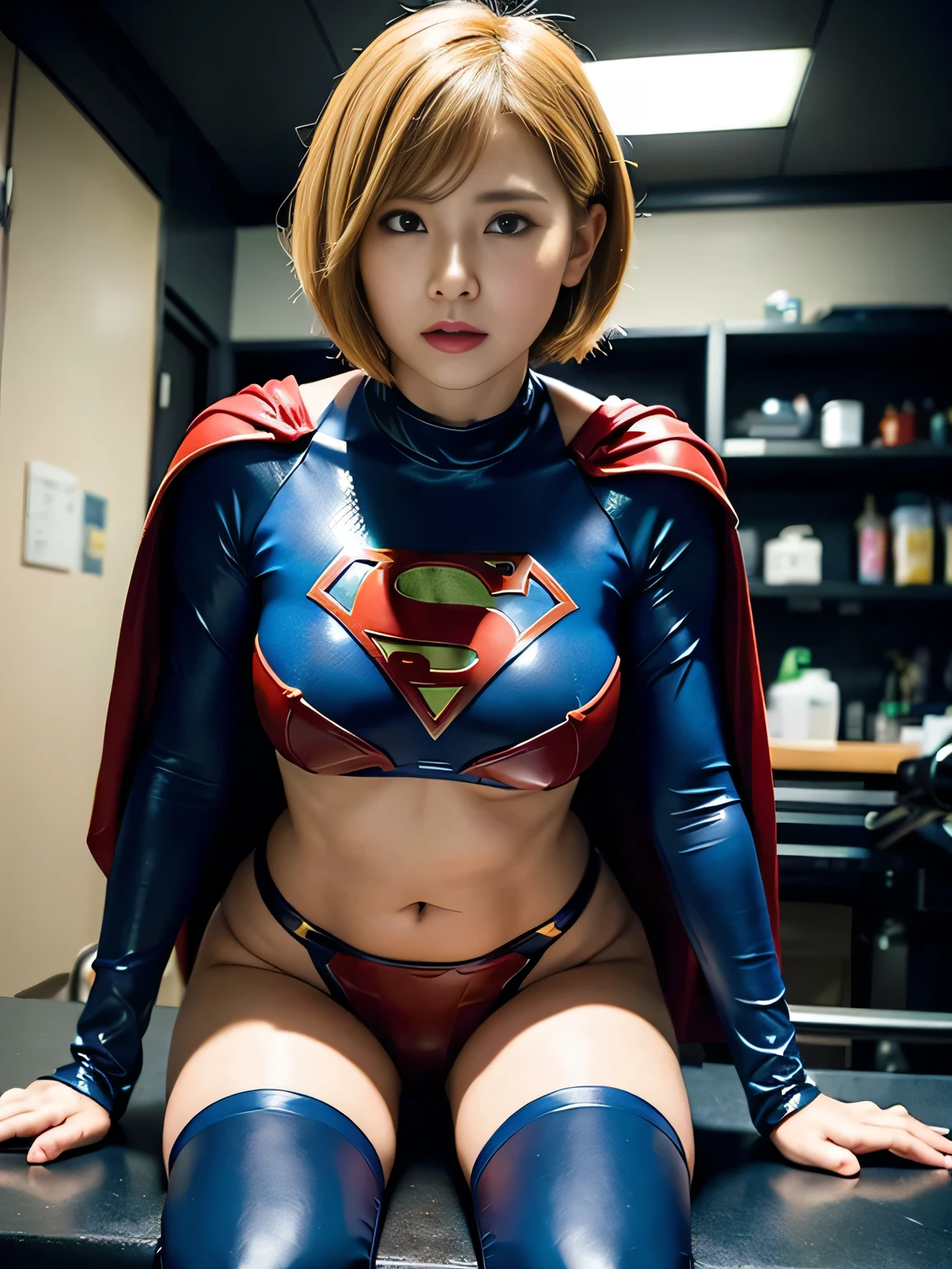highest quality、masterpiece,Short-haired Supergirl sleeping in the operating room、big and full breasts、look at the camera、choker、long sleeve、barefoot、magazine cover、Wedgie、red 、tight costume、confused、wide 、、Show a glimpse、Glamorous、off shoulder、model body shape、Oily Skin、charm、charming、abused、test subject、