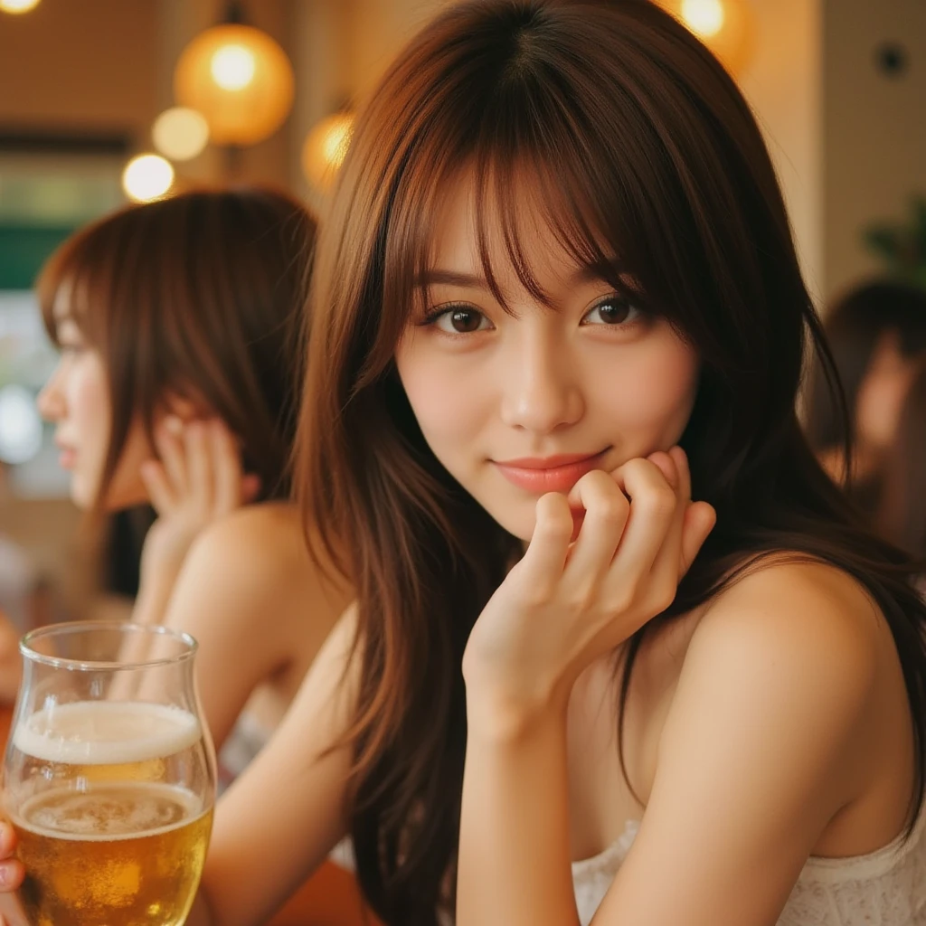 A very cute face like an idol、Looks like a young face、20-year-old female、Gentle and cute、A kind smile、White,  shirt、((whole body像))、Cleavage、A crowded bar、Toast with a beer mug、Cinema lighting、Natural light、whole body、RAW Photos、Genuine、Artistic、(High level of artistry)、High quality that is indistinguishable from real life、realism、Real Stick、High resolution、masterpiece