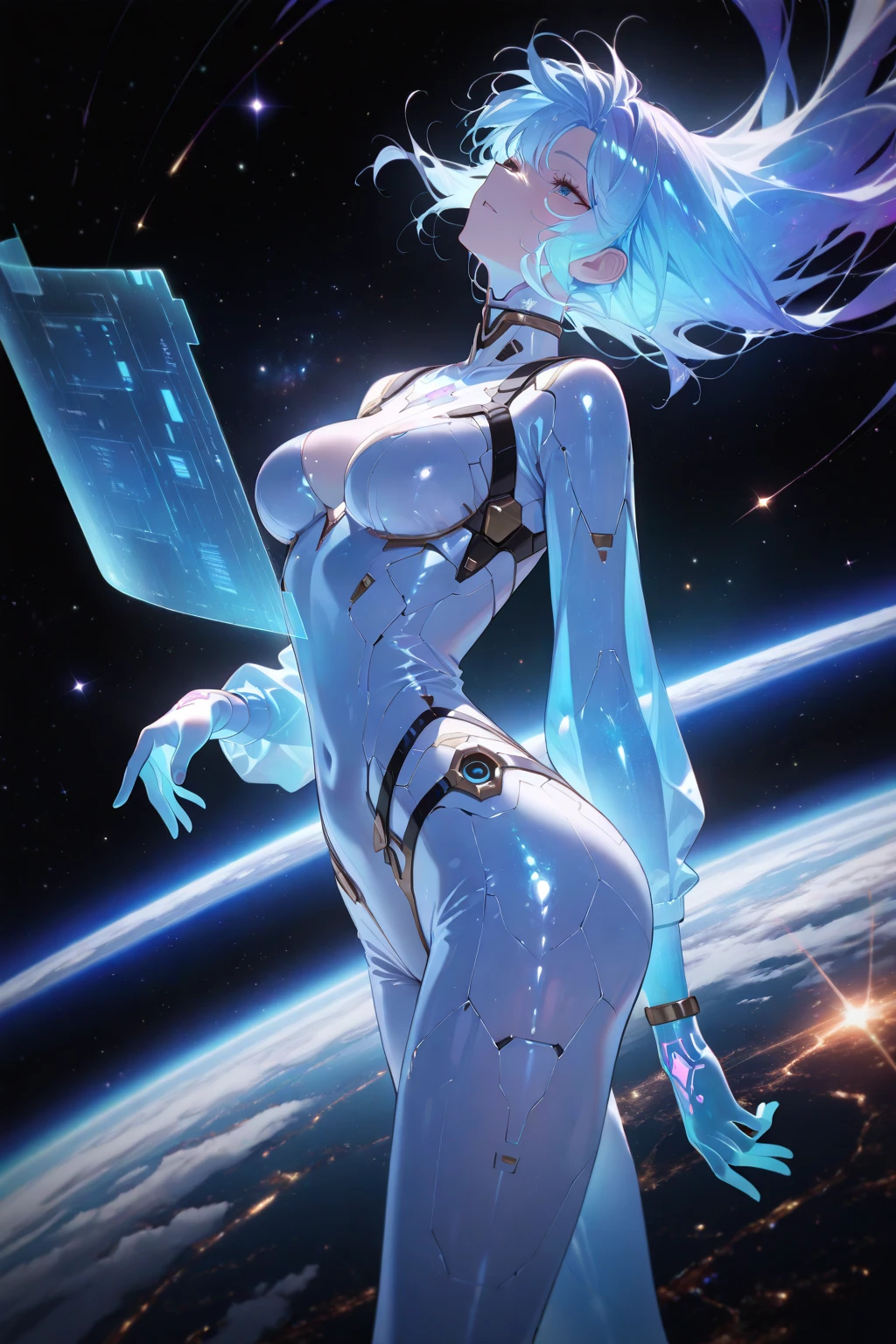 (masterpiece, best quality), (absurdres), (ultra detailed, 8K, ultra highres:1.2), 1girl, dynamic pose, cinematic composition, (sci-fi:1.3), space, in spaceship, zero-gravity, astronaut costume, helmet