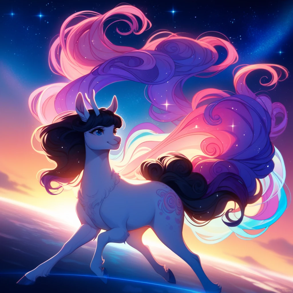 Score_9, Score_8_up, Score_7_up, Score_6_up, A serious unicorn is depicted, Misty Brightdawn from My Little Pony. Misty's mane flows in a wavy pattern of colors, with shades of blue, green mixing together. She is looking at something out of the frame with a displeased smile. The setting is a war environment with fallen buildings, vegetation on the ground on a cloudy day. in full body