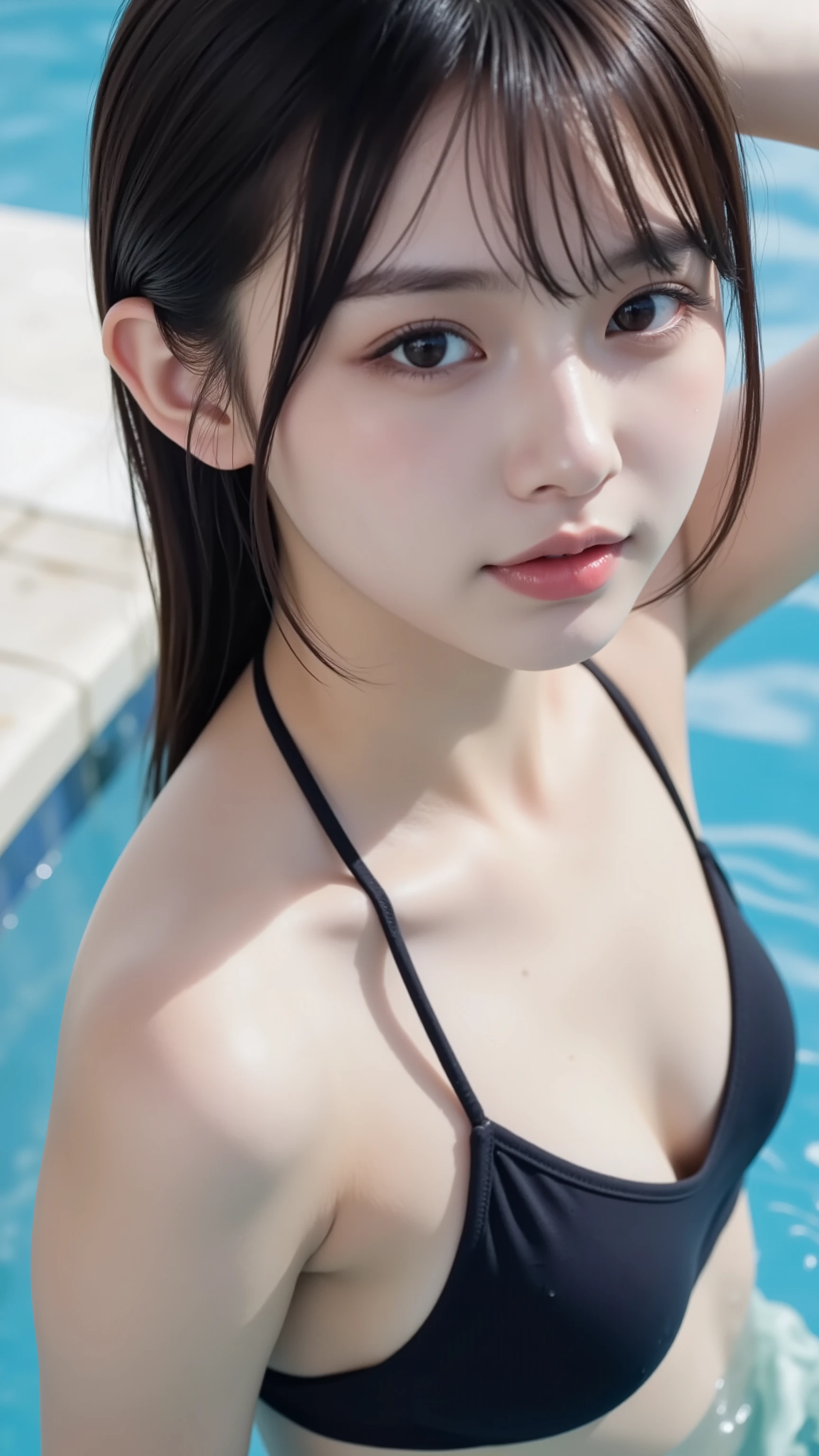 masutepiece,1 girl in、(Colossal tits:1.5)、The upper part of the body、(realisitic:1.7)、((top-quality))、(超A high resolution)、(Photorealsitic:1.6)、Photorealsitic、octane renderings、(hyper realisitic:1.2)、(photorealiscic face:1.2)、(8K)、(4K)、(​masterpiece)、(realistic skin textures)、(illustratio、电影灯光)、(Brown eyes)、(beautidful eyes:1.2)、((((face perfect))))、(:1.5)、sticking out the tongue、red blush、full of shyness、(cute little)、(Braids on both sides)、Raising both arms、sexy  pose、Spread your 、Opening legs,erotick,Dynamism,School swim wear,School swimsuit is black, show through,real looking skin、 25 Meter Pool, in poolside