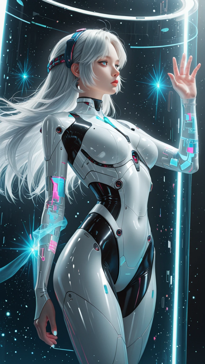 Ultra realistic,professional portrait  of a woman with a silver make up and a veil, futuristic look, white cyborg fashion shot, fashionable futuristic woman, wearing futuristic, cyborg fashion model, futuristic style, futuristic fashion, sci - fi look, cyborg fashion shot, beutiful white girl cyborg, cyborg - girl with silver hair, futuristic and ethereal, very futuristic,highly detailed  face, detailed face, perfect proportions, well-proportioned body of six heads, ????????????, thin waist, navel, big ???? , ?????? gap, large thighs, full.body