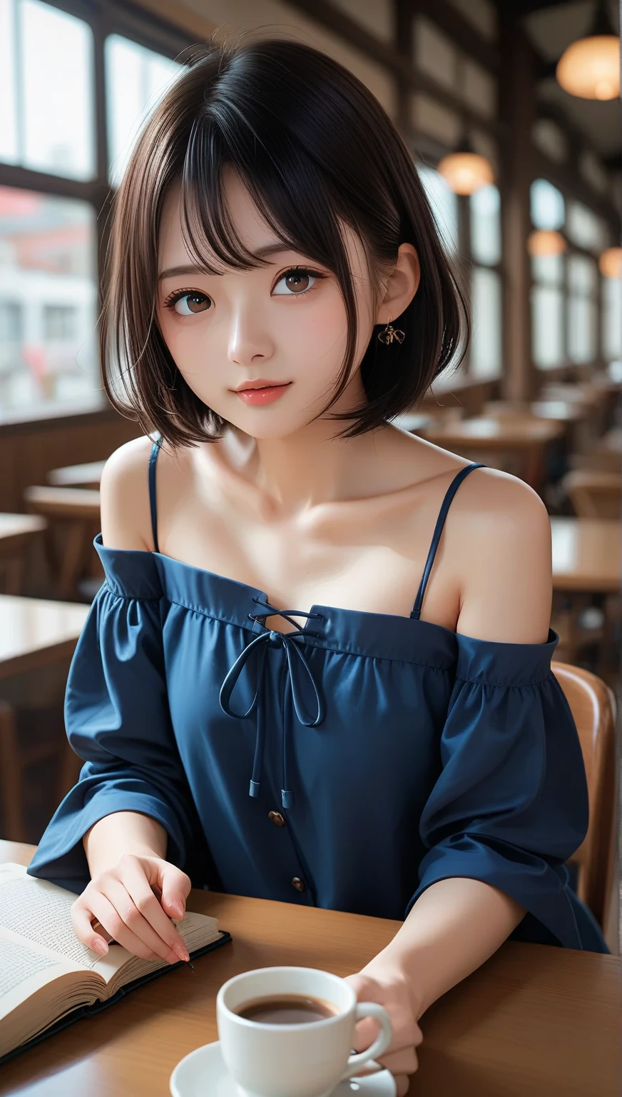 (Close-up of painting style, 12K ultra HD, masterpiece level CG wallpaper), cute girl wearing a wide off-the-shoulder shirt and a short dress, sitting in an outdoor restaurant by the river, her eyes are charming, her body is delicate, her face is smooth as a baby, and her cuteness is vividly set off under the sunset light.