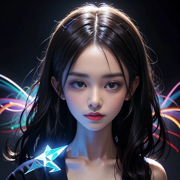 (in 8K、top-quality、超A high resolution、​masterpiece:1.2)、(Photorealsitic:1.4)、(detailed skins:1.3)、Beautiful Japan girl at 18 years old、(Detail Eye) 、女の子1人、(Rave Festival at night)、(The bikini)、Sweaty skin、long hair of bright colors、LED Screen Monitor、stage lighrt、Lit up、Stage lighting、laser beam、festival、Lens flare and high resolution texture GPT-3.5、Elaborate CG、cowboy  shot、beautiful  lighting、lighting like a movie、Background SSR Card Design、prisma、kirakira、(foco nítido)