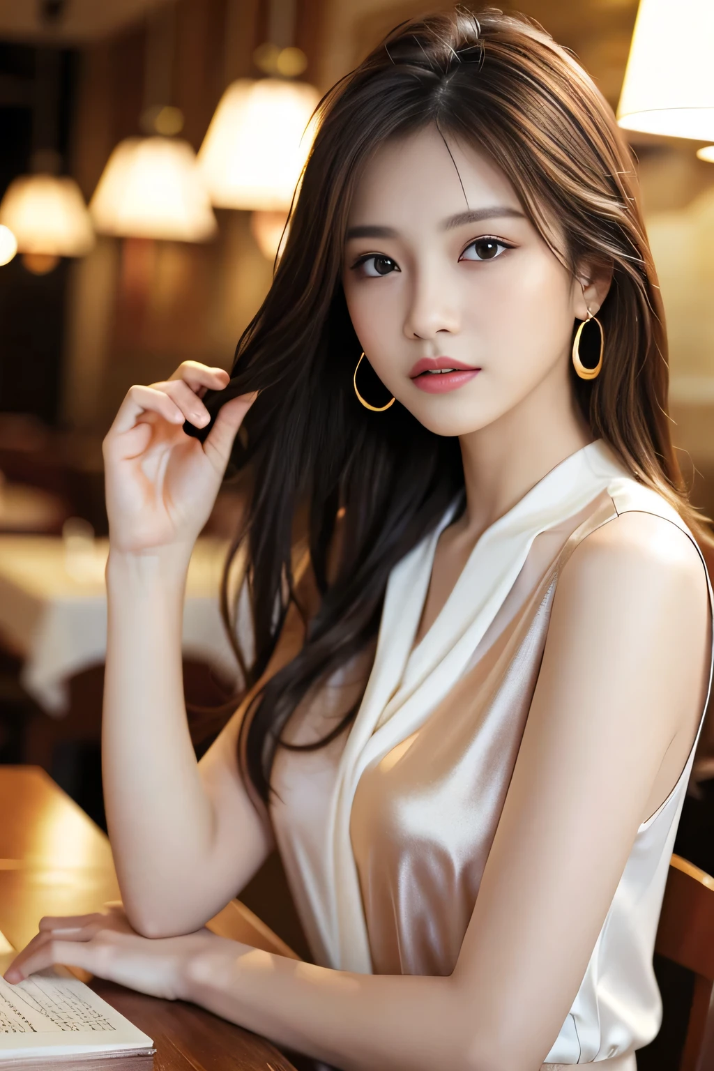 do, Highest quality, Realistic, Very detailed, Finer details, High resolution, 8k wallpaper, One beautiful woman, Wear an elegant white  shirt, In a great restaurant, At night, Light brown messy hair, Perfect dynamic composition, Beautiful and beautiful eyes、Big earrings、Sit on a chair、Sleeveless shirt、
