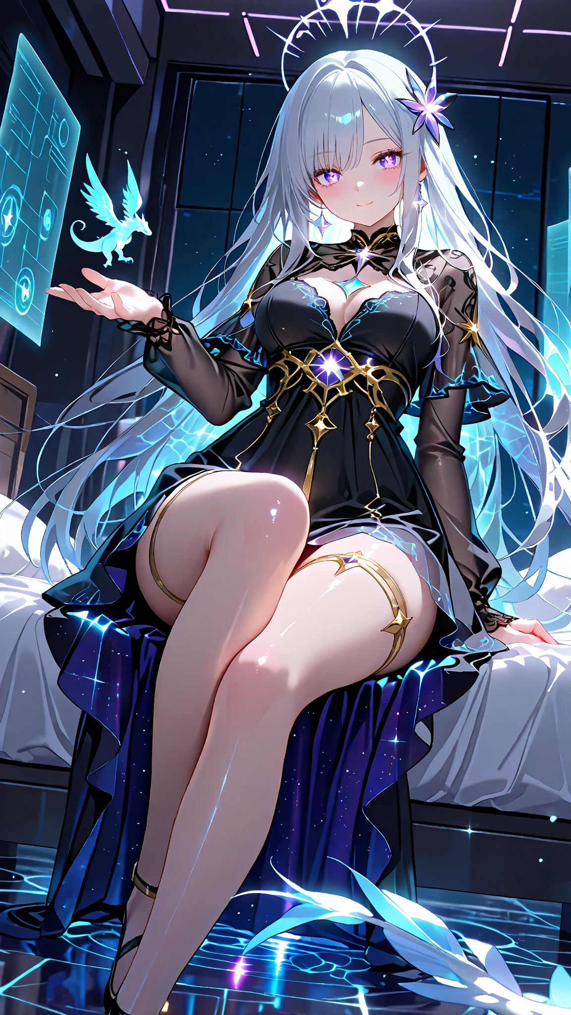 （（masterpiece：1.4，best quality）），（Super detailed），（Extremely detailed eyes），（Shiny socks：1.5），Hello Darkness
（Cute girls），15 years old，（Blood-red pupils，Diamond-shaped pupil：1.15），Purple Eyeshadow，（elongated hair，Thick hair，Single ponytail，shiny hair：1.5）（Changes through：1.2），despair，sad，Empty eyes，tears streaming down my face，tilting its head to the side，
（She wore a blue dress，：1.5），（Black gloves：1.4）Very long plush sleeves，White，White Cloud，Dream bubbles ，Ice and glitter effects
（Black long skirt：1.1），
（（Starry Sky：1.2）），
（Intense black and white：1.16），（Depth of Field：1.4），，Intricate details，(((Detailed background，Castle in the Sky，Purple flowers by the lake)))，(((Huge breasts， breasts，Deep cleavage，White stiletto high heels， clothes)))