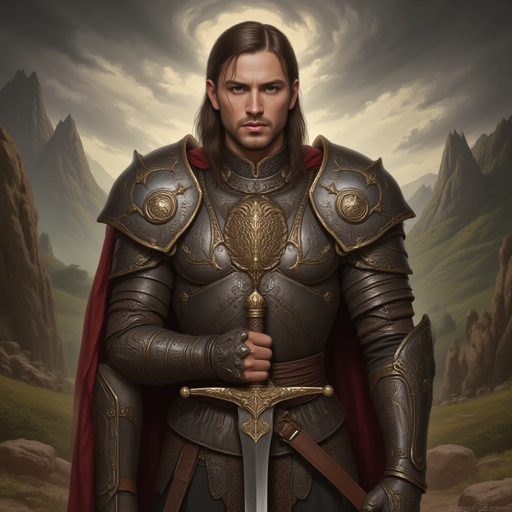 Sworasman, hold sword, by Geoffroy Thoorens, best quality, masterpiece, very aesthetic, perfect composition, intricate details, ultra-detailed