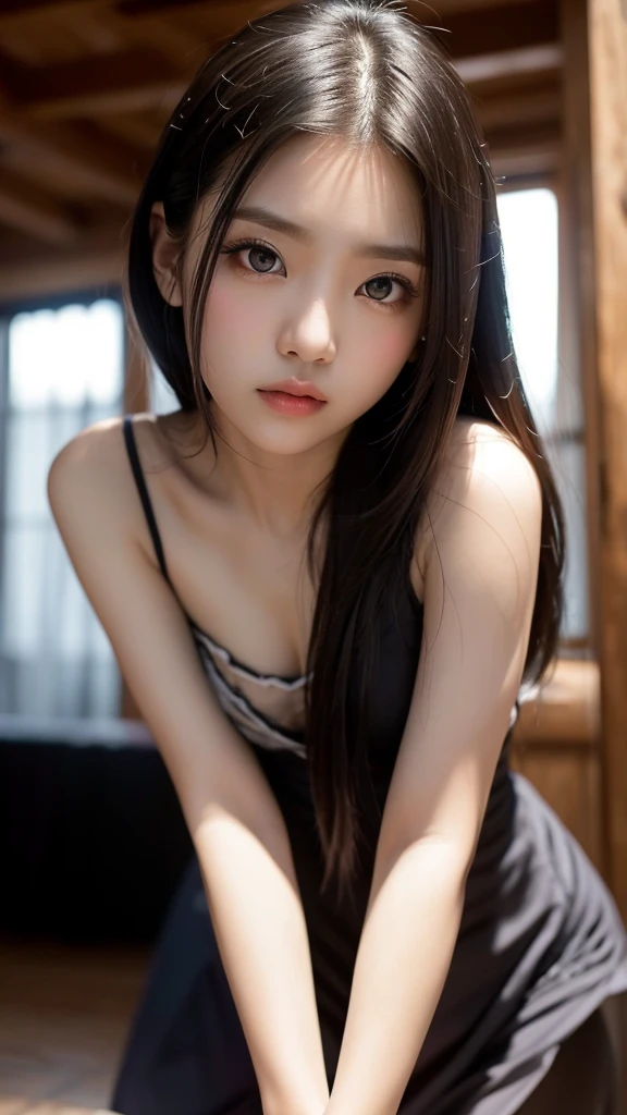???? woman, bully, acting playful, seductive eyes, intense gaze, small room, bedroom, long lustrous black hair, ???? black dress, amazing makeup