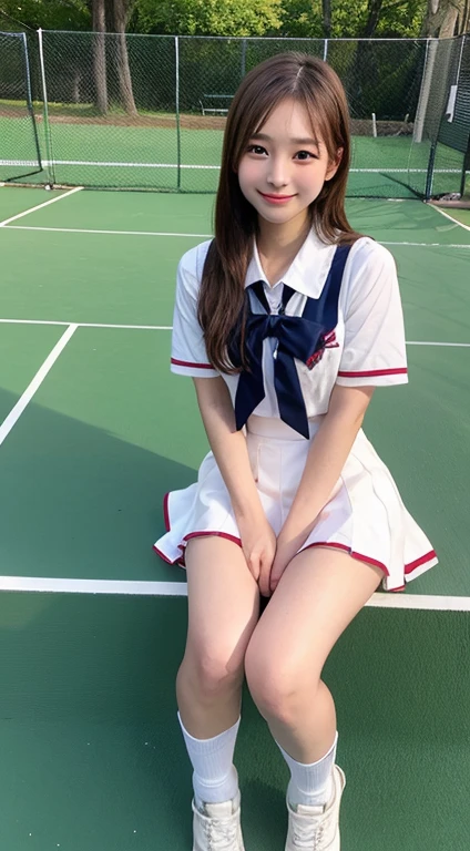 Realistic and high quality photos、Japanese women photos、Cute girl、(tennis　uniform)、barefoot、Big Eyes、、Beautiful and neat features、Thin type、Brown semi-long hair、locker room