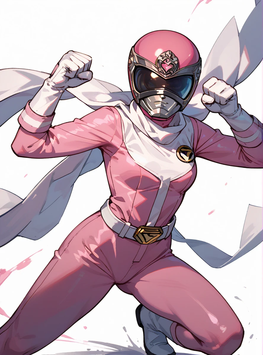 Solo, A brave and courageous image of a 6 member ranger team, Each one is decorated in vibrant colors such as:: ((Pink)), red is front of center, violet, Green, yellow, blue black, white,. Dynamic poses in a background that exudes energy and courage, neon, fire, plasma, Fluorescent, shocking, pink big bomber, splashing pink, running, fighting pose, action pose, Embodying the essence of the classic Sentai superhero team. Each Ranger:: The attire is sophisticated and modern, Each color has elements that reflect its theme., Ready for action. (()), weapons, in sunset background , in cinematic lighting, cover art mixed cinema poster style,