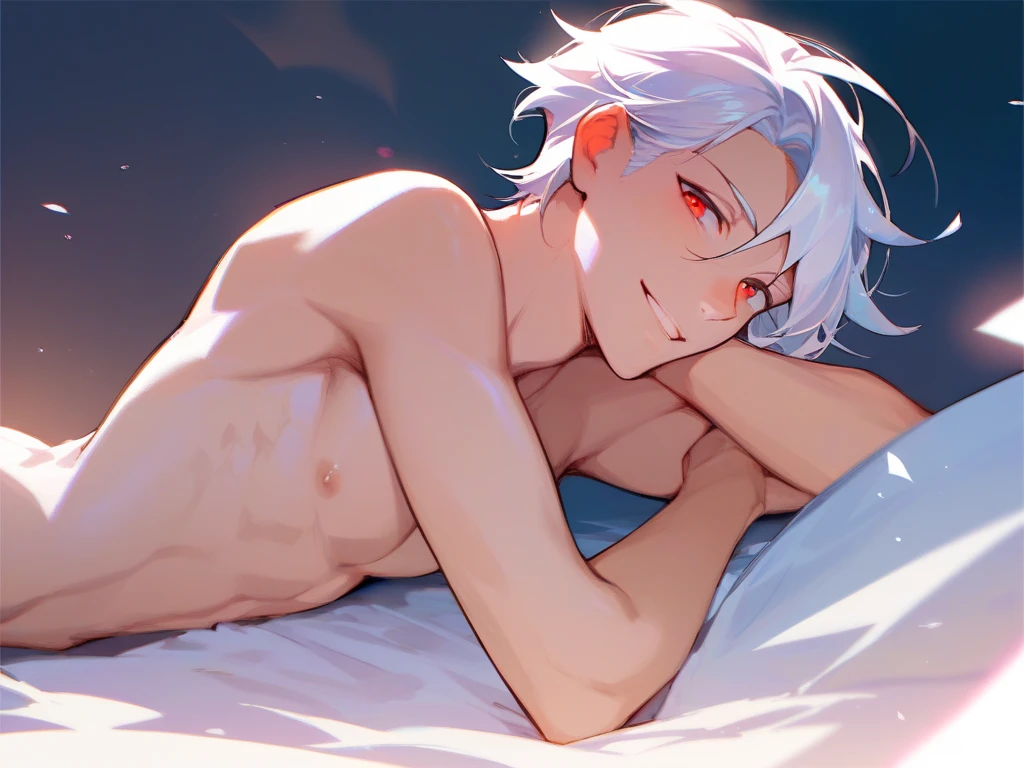 aldult.,male,good looking,30th Generation,Cool vibe,I,Silver-haired,mash,Upper Body,,Close up of,Excited,Wicked Smile,Yandere atmosphere,Light,Hotel room bed、