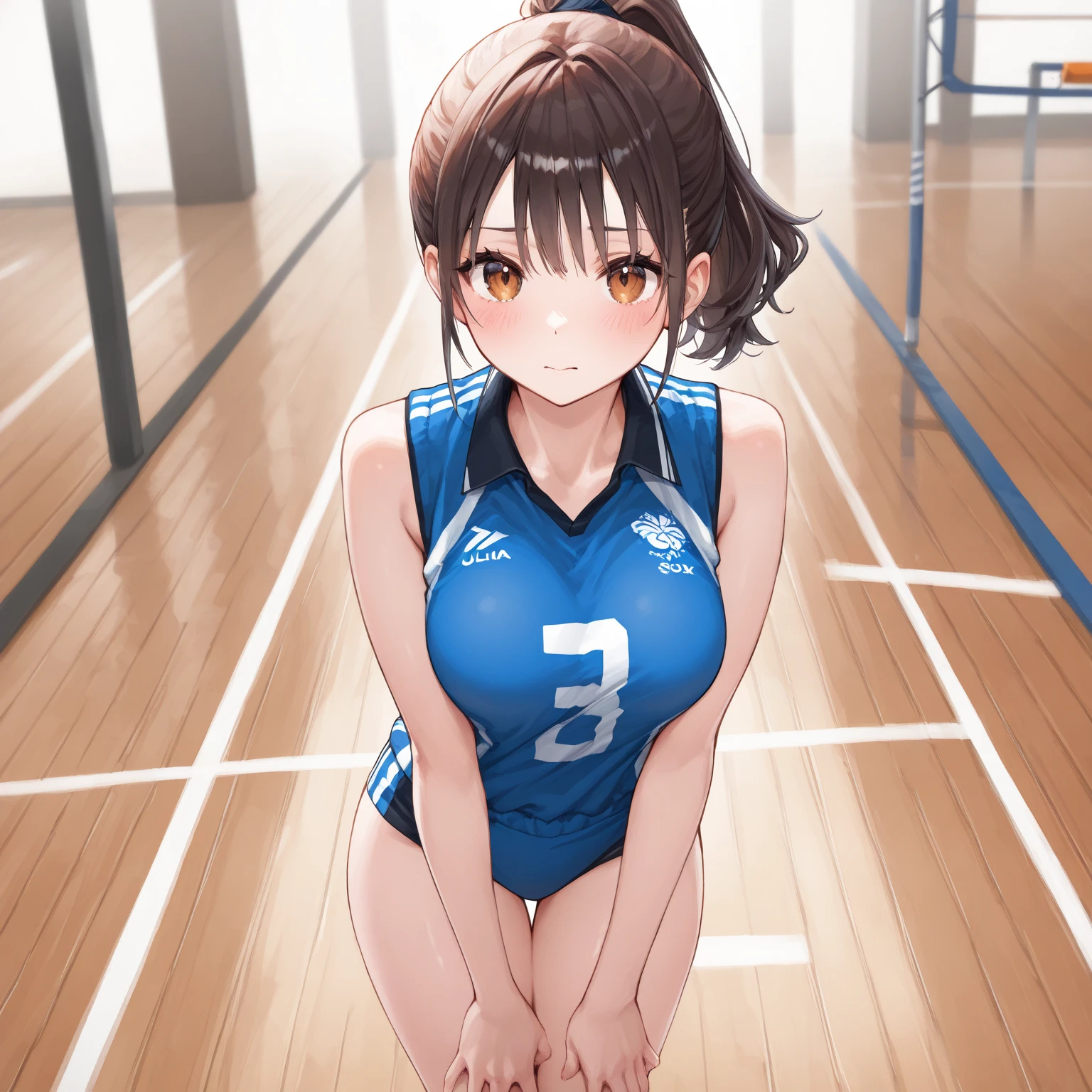 unity 8k wallpaper, anatomically correct, (((masterpiece))), (((best quality))), (((ultra detailed))), (((high-resolution))), ((Ultimate cutie)), perfect hands, perfect finger, (((good ))), detailed beautiful face, shiny hair, (((gyaru))), (potbelly), (curvy), medium breasts, ((Thick thighs)), (((solo))), (( smile)), (((blush))), 
BREAK, (((sit astride the perfectly spherical shape 6-inch volleyball))), (((Straddling a perfectly spherical 6" volleyball))), (((Perfectly spherical 6" volleyball fits perfectly crotch))), BREAK, (((Rub the  Perfectly spherical 6" volleyball against crotch))), (), 
BREAK, (Collared volleyball uniforms), sleeveless, ((buruma)), ((kneepad)),  stained, (elbow pad), (((sweat))), (((covered in sweat))), ((deep breathing)), in Volleyball Court, indoor, lighting,  looking at viewer, full body, (spoken heart)