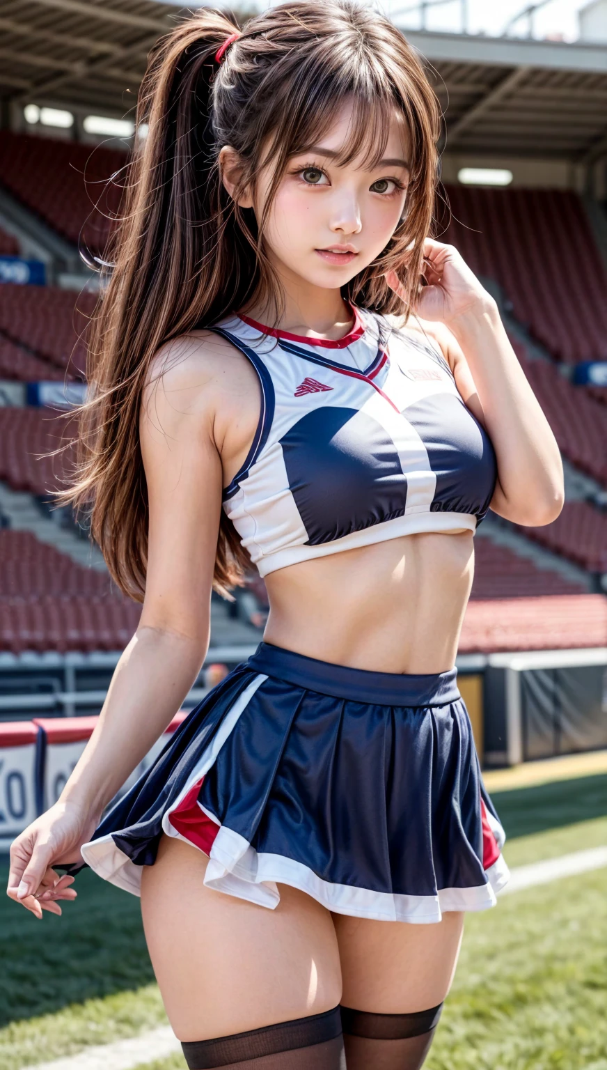 Highres, Masterpiece, Best quality at best,Best Quality,hight quality, hight detailed, 1girl, girl,  nejire hadou, blue eyes, blue hair, long hair,
BREAK cheerleader, crop top, midriff, sweat, navel, orange skirt, pink footwear,  (view from front), ponytail, skirt, (u.a. cheerleader uniform:1.5),
BREAK looking at viewer, upper body, close-up body, 
BREAK indoors, classroom,
BREAK (masterpiece:1.2), best quality, high resolution, unity 8k wallpaper, (illustration:0.8), (beautiful detailed eyes:1.6), extremely detailed face, perfect lighting, extremely detailed CG, (perfect hands, perfect ),