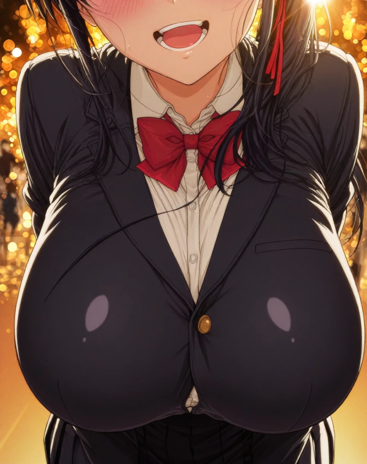 (high resolution), 1girl, woman, mature female, housewife, 18 years old, (curvy woman:1.4), (evil grin:1.6), (evil grin, light smile:0.5), (shiny skin, glistening skin, high gloss skin:1), (sweat:1.4), (playboy bunny, black rabbit ears, wrist cuffs, black leotard:1.5),  , (gigantic breasts:1.2), solo, black hair, middle hair, bob cut, black eyes, looking at viewer, (arms behind back:1.2), (excitedly decorating the classroom for a festive event, hanging up colorful streamers and balloons with a lively expression:1.8).