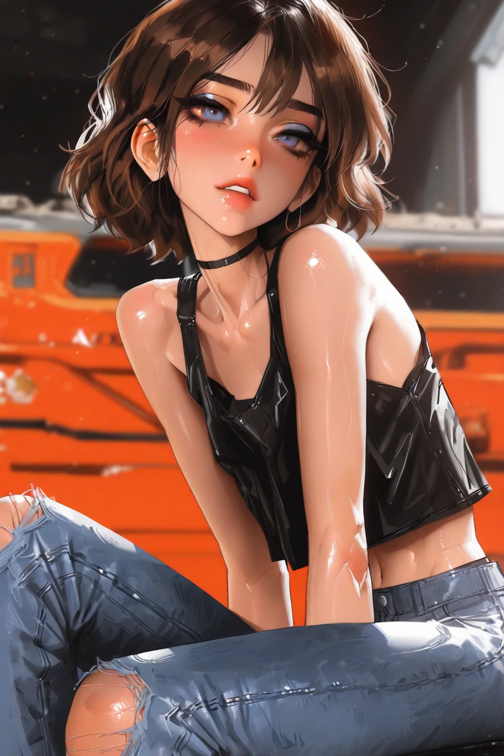 there is a  anime female wearing a black undershirt sitting upon the motorcycle, 1girl, solo, navel, shorts, thighs, , black shorts, long hair, blonde hair,  shoulders, midriff, crop top,  arms, stomach, sleeveless, short shorts, dolphin shorts, smile, ponytail, looking at viewer, shirt, , sitting, brown eyes, sleeveless shirt, white shirt