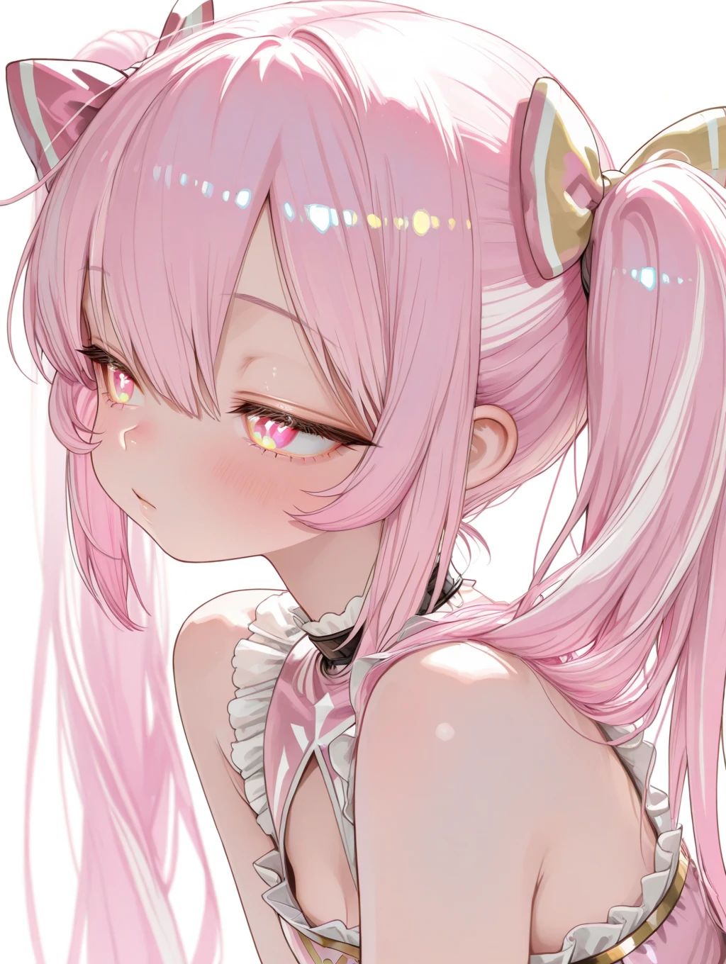 ((((Obra maestra, La mejor calidad, ultrahigh resolution)))), 1girl, standing,), ((long pure pink hair, hair over eye)), long hair cut, shiny skin, ((pink eyes)), glowing_eyes, neon eyes, (ultra detailed eyes:0.7, beautiful and detailed face, detailed eyes:0.9), ((centered)), smirk, facing viewer, ((vibrant background, dark lighting, summer, sunlight)), large chested, looking at viewer, ((half closed eyes)), ((perfect hands)), (((head:1, arms, hips in view, elbows, in view))), ((hands behind back)), empty eyes, beautiful lighting, ((outside, outdoors)), defined subject, head tilt, (((gritty)), ((creepy)), ((cool)), ((beautiful)), (((SFW))), hair ornament, petals in the air, moon in the sky, city, mature woman, adult woman, sfw, pink and white dress, night dress, bunny ears, she is a princess