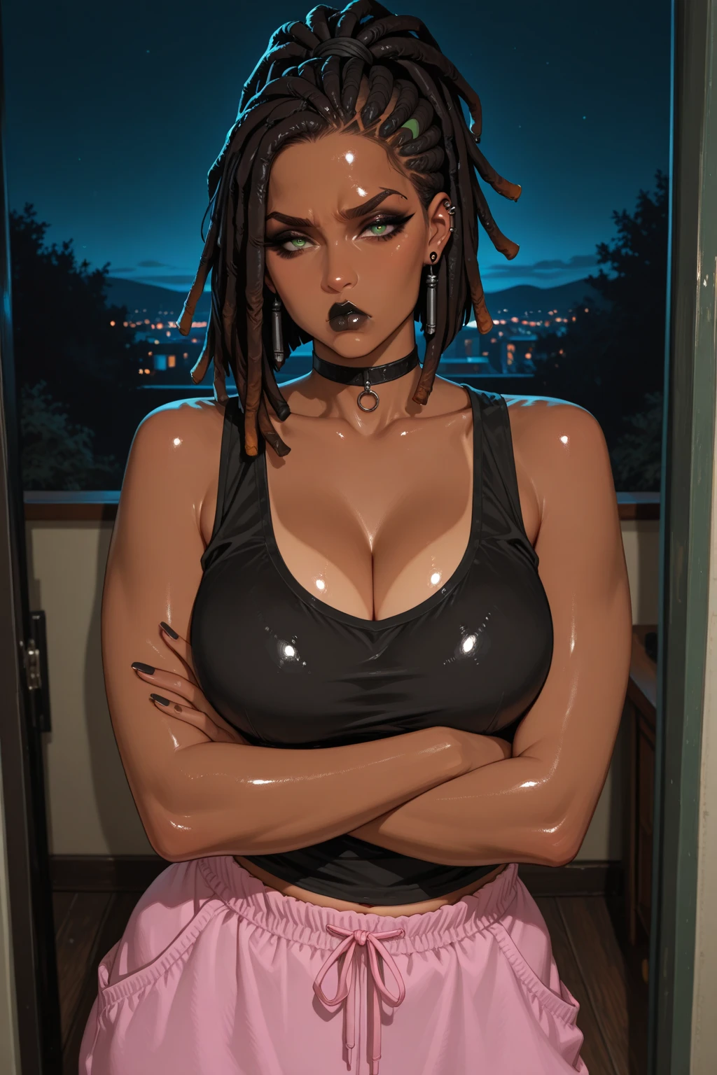 a beautiful 18 year old girl with ultra-fit six-pack abs, open white lab coat, ??????, ???????? laboratory, surrounded by ???????? plants, detailed face and body, photorealistic, 8k, dramatic lighting, cinematic composition, intricate details, vibrant colors, sublime atmosphere, dreadlocks, green eyes,  dynamic pov