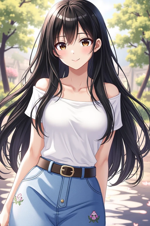 (8K, Live shooting, best quality, muste piece: 1.2), High-definition RAW color photo, Professional photography, cinematic light, ((1 girl)), focus on , (Low - Angle:1.2), super cute face, (black long hair), smile, Gorgeous body, glossy lips, slender body, , small , ((T-shirt, denim shorts, )), with your back turned:1.5, Are standing:1.2, Turn around pose, natural makeup, long eyelashes, shiny hair, asymmetrical bangs, tanned skin, pretty face, beautiful detailed eyes, beautiful body, beautiful , beautiful thighs, beautiful legs, (((clean fingers, 5 fingers on hand, five fingers))), (((flower garden, garden))), central image, high resolution, high detail, detailed hairstyle, detailed face, epic movie lighting, lively, hyper real, perfect limbs, perfect , anatomically correct,