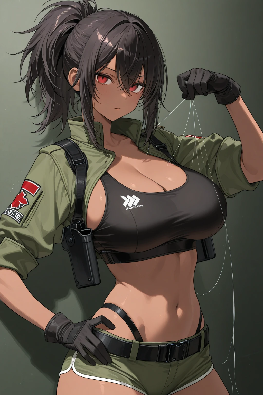 masterpiece, best quality, anime 1990s \(style\, leona heidern,  , fully open vest,  pants ,jungle, pony tail, wet, serious, gloves, 