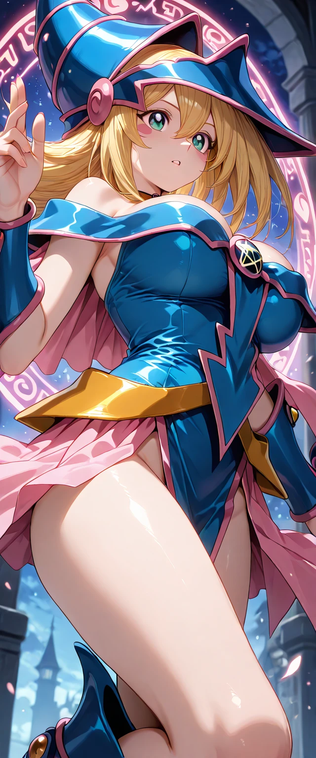 Black Magician Girl、????????????、Thick thighs、Blonde、magic circle、8K, 4K, Highest quality, High resolution: 1.2),Wink、Exposing one ??????、Cute anime face、Pink blush on cheeks、Noise Reduction、A tight leotard、Carrying a walking stick、Holding a cane、Rear View、Turn around、Full body portrait、T-back that digs into your ???
