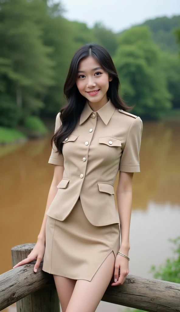 A woman with a rope tied tightly, Khaki suit, high-heels, Plump breasts, (stand), Dynamic posts, khaki civil servant, Gold Belt, Beautiful girl with extra long hair, Dynamic posts, like full body, The whole outfit is dark khaki....., Dark khaki short sleeve shirt, Dark khaki short pencil skirt., Decorated with military insignia., high-heelsสีดำ, small waist, big breasts, rift, thin body, small thighs, hips up, Long legs, Beautiful face, red lips, Very shiny, แต่งBeautiful face, Military rank insignia, dark khaki short skirt, The skirt is very short and tight...., (bound with rope, Hands tied, tie hands, Hand rope, rope , Arrested., Tied up, rope) afraid, cry, , , AV, , ropeแน่น