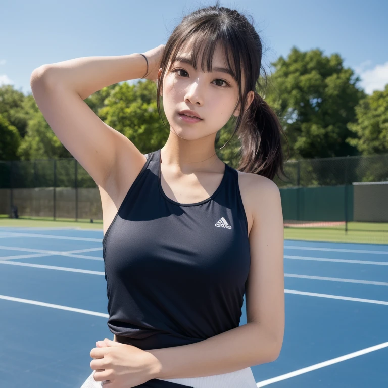 {{{masutepiece}}}, {{{Best Quality}}}, {{Ultra-detailed}}, {{Extremely delicate and beautiful}},、Supreme Beauty、(Authentic skin texture:1.3)、huge udder、(Cute Japan Woman:1.5)、((Perfect female body))、A smile、Tennis Wear、Grip Tennis Racket Retention、Inside the tennis court、During the match