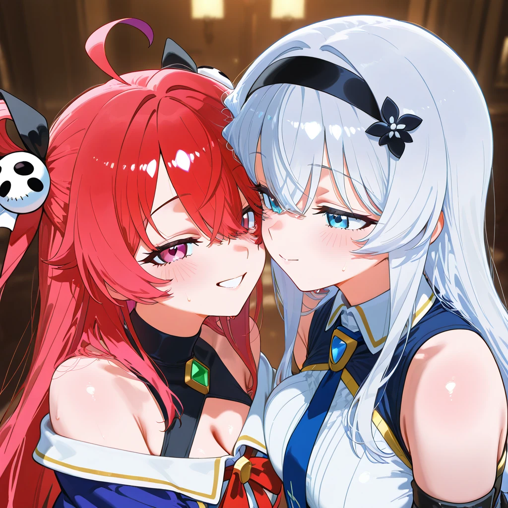 best quality, (masterpiece),(ultra-detailed), (high quality), (high resolution), (2heads:1.5) 1girl, red hair, red eyes, red magical girl dress, magical girl, chrome silver outfit, same hair color