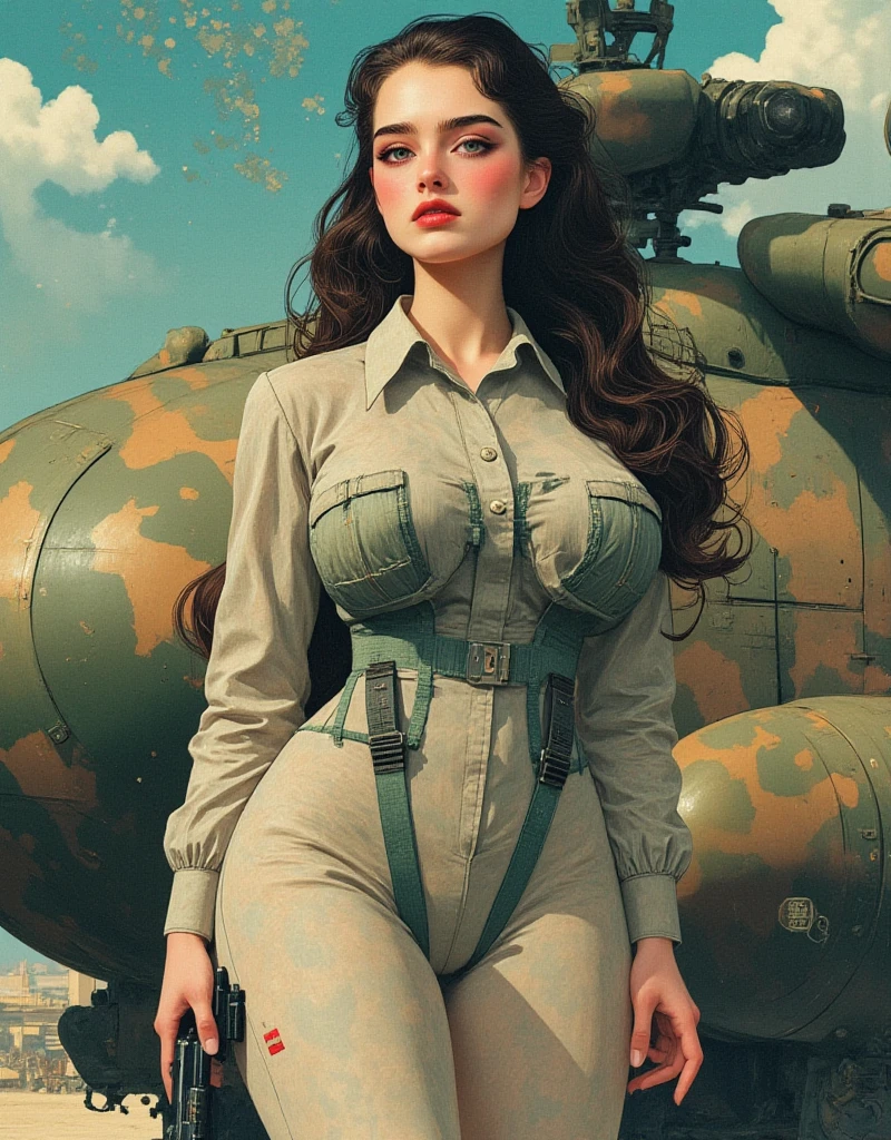 Different mood busty American with large eyes woman large eyes with very two long hair, showing cleavage,smiling, showing cleavage army dress open zip style, Portrait: Heaven soft liquid Opal opulence Elsa,full body view, smooth fit, oily skin, wearing ???? army pilot dress,DSLR, F/2.8, 5D, 16k, hip be Super-Resolution . realistic style, key visual, vibrant, studio, showing cleavage, realistic, highly detailed A smile whimsical full body view girl with a background of war jet , standing sharp look with saggy ?????? showing cleavage, wide eyes, pink lips,, wide ????, perfect ???????, illuminated face, detailed face, perfect eyes, detailed eyes, golden ratio, perfect fingers. Breathtaking, masterpiece, high definition, accent lighting, contrasted with bright paint colors, intricate details, highly detailed, professional, sleek, modern, standing with ?????????, confident pose, fist on ????,