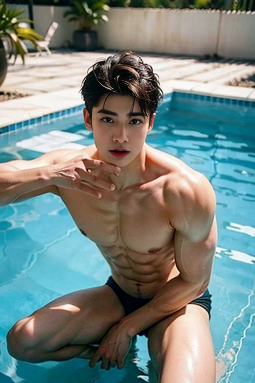 Boy Arafed in a hip white boxer brief., Take the whole body, Short haircut, Look at the camera, Detailed parts of the face, Manly, bad boy, pool background, ???? pose, Monk ???, perfect ???????, Symmetrical body, Asia boy 16 years old, shirtless :: Highly detailed, Asia, ????????, a little six packs charming body, realistic, human skin, short hairstyle, handsome chad chin, shirtless, handsome, charming, ???? young man, pubic hair, Be a man, sexuallyly charming, human skin, (Make eye contact), no gay, handsome, charming, Big bulging ????