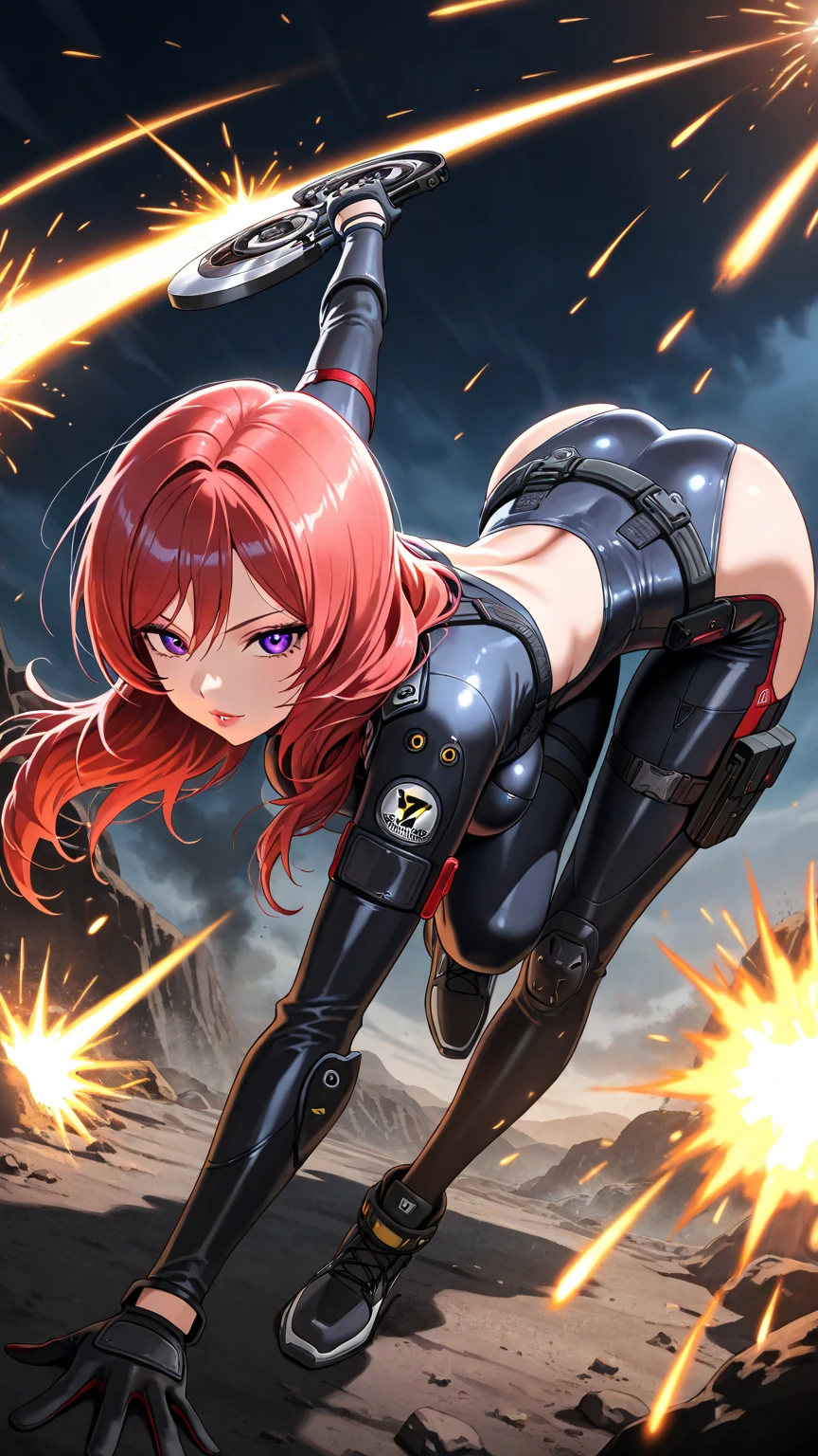 A lone mature girl, Waist long light brownr hair, , Gold eyes, yellow eyes, Beautiful face, masterpiece, best quality, expressive eyes, perfect face, forehead protector, Short heat sword, , white rubber skin tight suit, yellow glove, full leg white stocking,  chest , sci-fi city , High detail mature face, combat suit, high res, ultra sharp, She stands confidently in the center of the poster, Shooting pose，explosion effect, a determined expression on her face。The background is dark and gritty，There is a sense of danger and a strong feeling。The text is bold and eye-catching，With catchy slogans，Adds to the overall drama and excitement。The color palette is dominated by dark colors，Dotted with bright colors，Make the poster dynamic and visually striking，(Magazines:1.3), (Cover-style:1.3), Fashion, vibrant, Outfit, posing on a, Front, rich colorful，Background with，element in，self-assured，Expressing the，halter，statement，Attachment，A majestic，coil，Runt，Touching pubic area，Scenes，text，Cover of a，boldness，attention-grabbing，titles，Fashion，typeface，，Best quality at best，Hyper-detailing，8K ，hyper HD