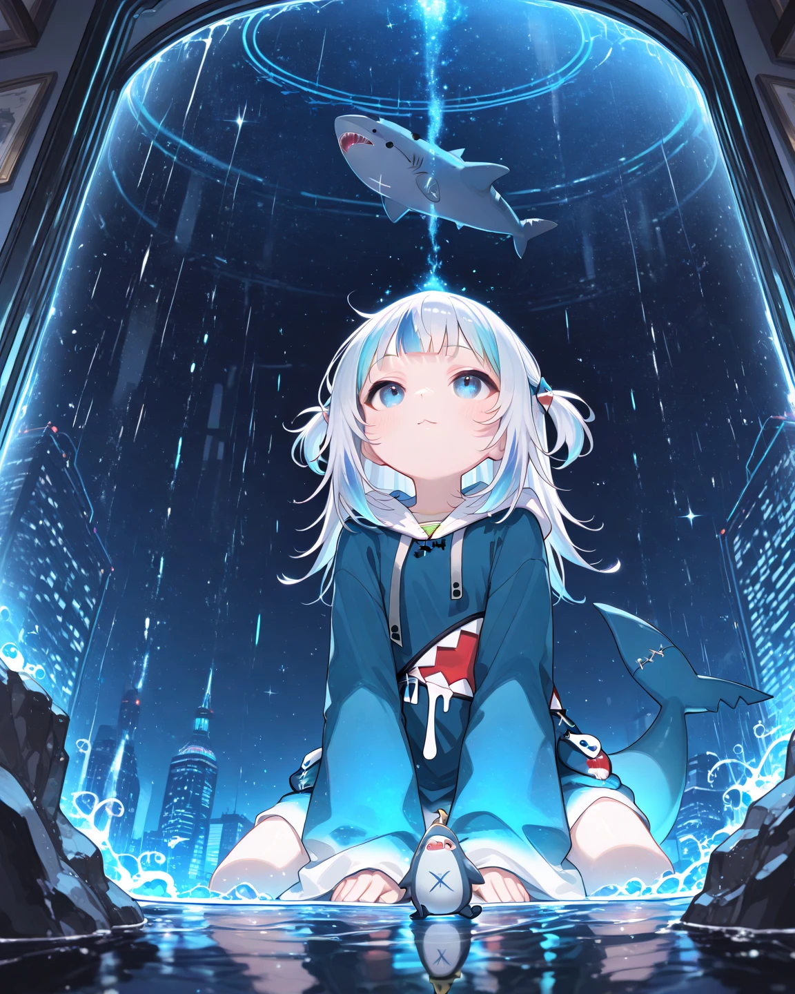 1000m tall happy giant girl walks along muddy path through puddles and tiny city model, Wear blue sneakers, Sunlight, Expressive, Exaggerated size, Extremely detailed, Splash，